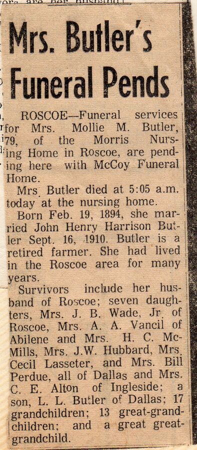 1973ish · Newspaper notice · Mollie Butler's funeral