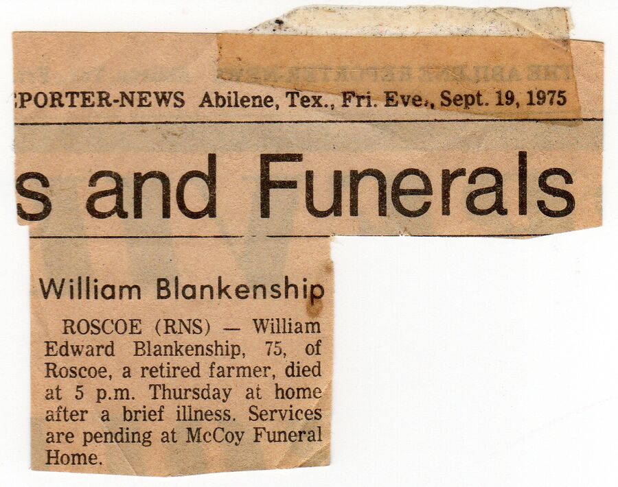William Blankship funeral announcement · 1975