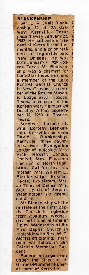 Leslie Velpo Blankenship obituary · 1982