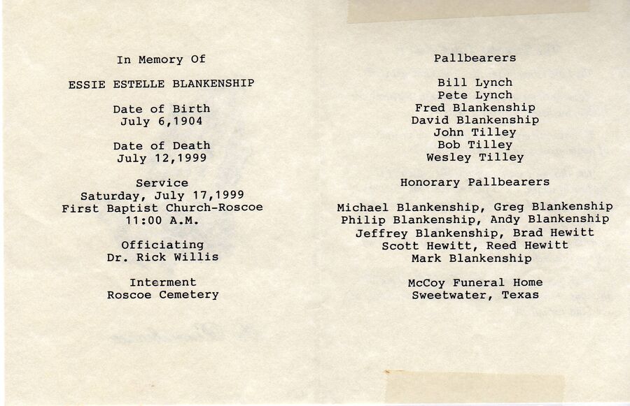 Vicki's Granny B's funeral program · 1999