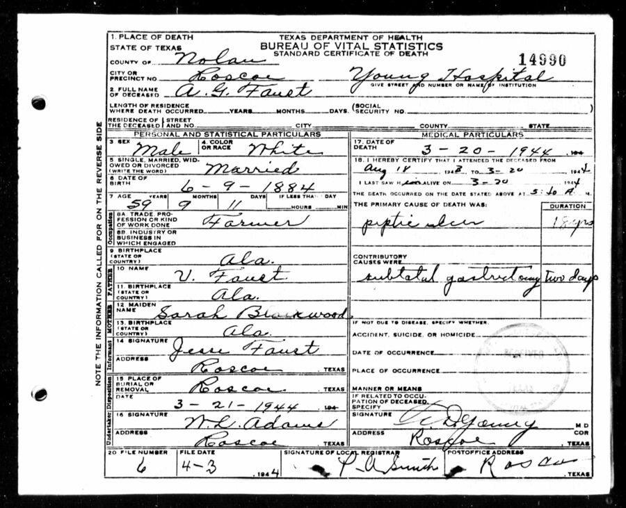 Alfred Faust death certificate