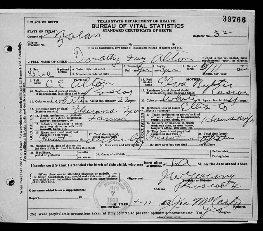 Dorothy Faye Altom birth certificate