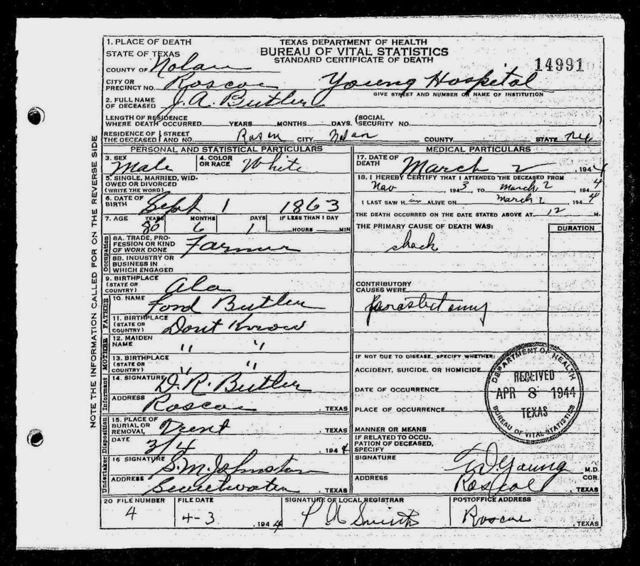 John Butler death certificate